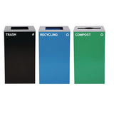 29 Gallon Trash/recycling Cans, Steel, Blue Recycling Can And Black Trash Can W/square Lids, Green Compost Can With Mixed Lid