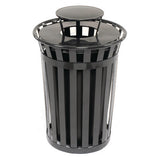 Outdoor Slatted Steel Trash Can, Rain Bonnet Lid, 36 Gal, Black, Ships In 1-3 Business Days