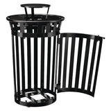 Outdoor Slatted Steel Trash Can, With Access Door And Rain Bonnet Lid, 36 Gal, Black, Ships In 1-3 Business Days