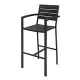 Eveleen Outdoor Bistro Patio Table With Two Black Powder-coated Polymer Barstools, 30" Square, Black, Ships In 4-6 Bus Days