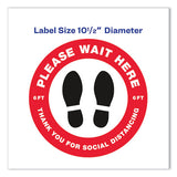 Social Distancing Floor Decals, 10.5" Dia, Please Wait Here, Red-white Face, Black Graphics, 5-pack