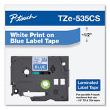 Tze Laminated Removable Label Tapes, 0.47" X 26.2 Ft, White On Blue