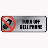 Brushed Metal Office Sign, Turn Off Cell Phone, 9 X 3, Silver-red