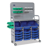 Callero Makerspace Trolley Set 01, Metal, 1 Shelf, 12 F1 Bins, 3 F2 Bins, 42.9" X 17.3" X 61.8", Silver/royal Blue