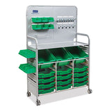 Callero Makerspace Trolley Set 01, Metal, 1 Shelf, 12 F1 Bins, 3 F2 Bins, 42.9" X 17.3" X 61.8", Silver/grass Green
