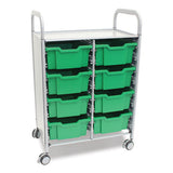 Callero Plus Double Column Trolley Set 13, Metal, 1 Shelf, 8 F2 Deep Bins, 27.4" X 17.3" X 41.5", Silver/grass Green