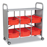 Callero Plus Treble Column Trolley Set 16, Metal, 1 Shelf, 6 F2 Deep Bins, 40.6" X 17.3" X 41.5", Silver/flame Red