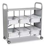 Callero Plus Treble Column Trolley Set 16, Metal, 1 Shelf, 6 F2 Deep Bins, 40.6" X 17.3" X 41.5", Silver/light Gray