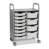 Callero Plus Double Column Trolley Set 18, Metal, 1 Shelf, 8 F1 Bins, 4 F2 Bins, 27.4" X 17.3" X 41.5", Silver/light Gray