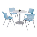 Pedestal Table With Four Sky Blue Kool Series Chairs, Round, 36" Dia X 29h, Designer White, Ships In 4-6 Business Days