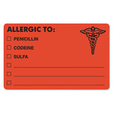 Allergy Warning Labels, Allergic To: Penicilln, Codeine, Sulfa, 2.5 X 4, Fluorescent Red, 100-roll