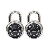 Combination Lock, Stainless Steel, 1 7-8" Wide, Black Dial, 2-pack